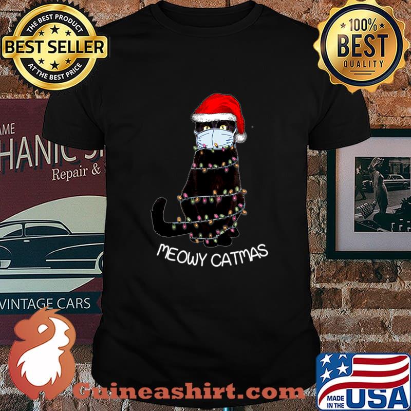 Santa Black Cat Mask Meowy Catmas Christmas Quarantine Shirt