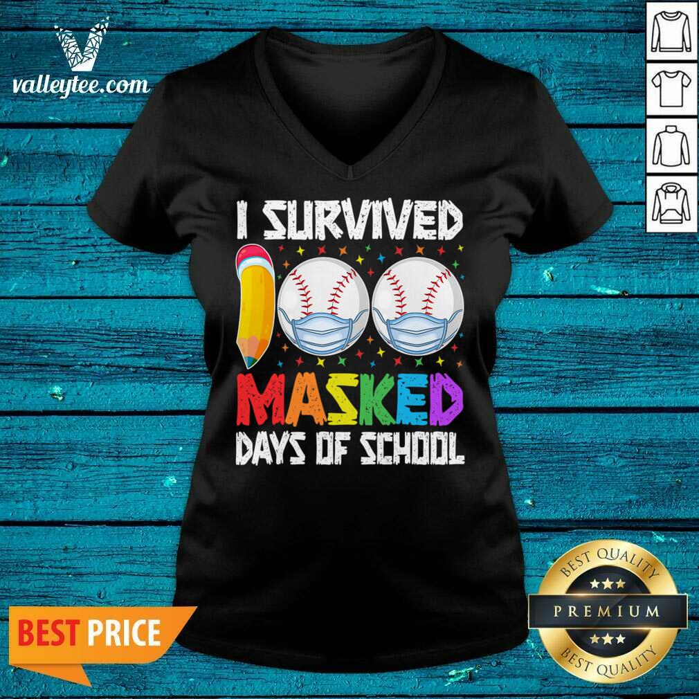 Great I Survived 100 Masked Days of School Baseball Wearing Mask Shirt - Image 3