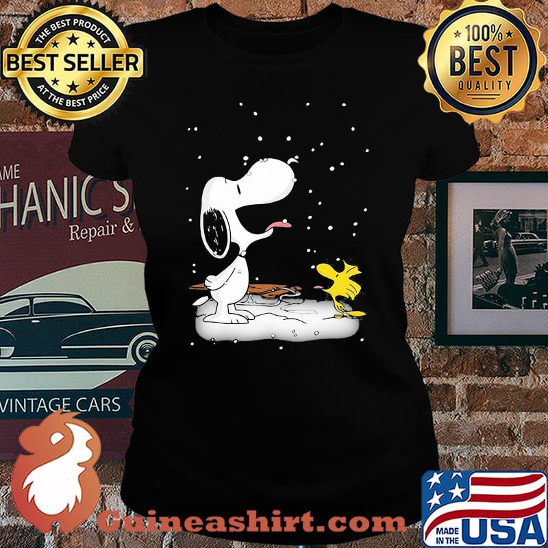 Snoopy With Woodstock Playing In The Snow Shirt Laides tee