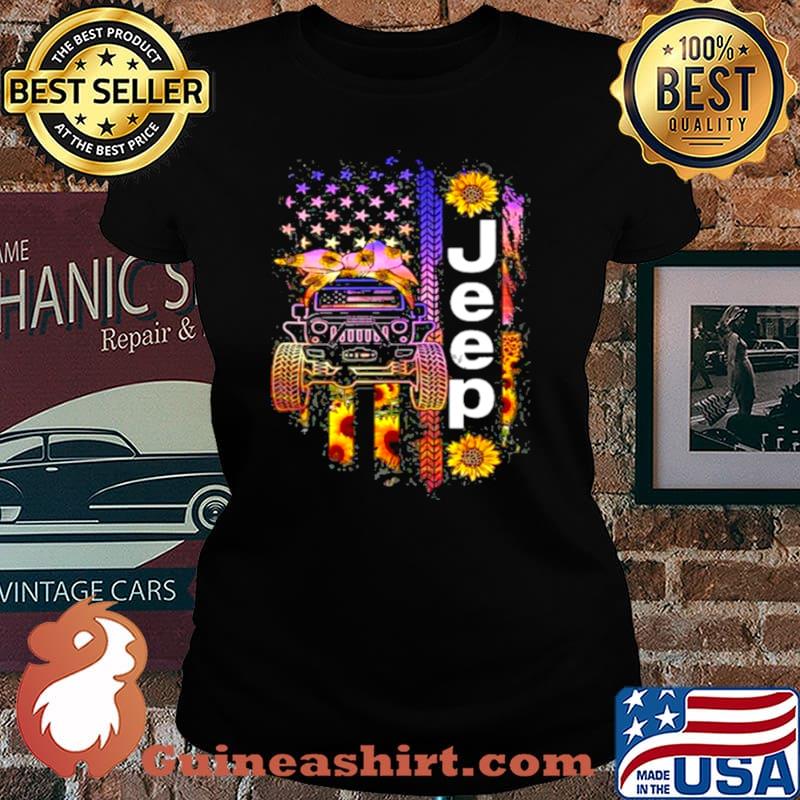 Jeep Wearing Sunflower Bandana Wheel Print American Flag Laides tee