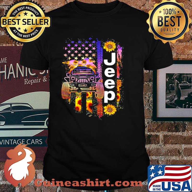 Jeep Wearing Sunflower Bandana Wheel Print American Flag shirt