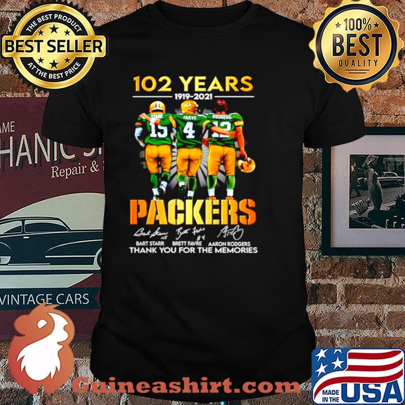 Starr Favre Rodgers 102 Years 1919 2021 Green Bay Packers signatures shirt