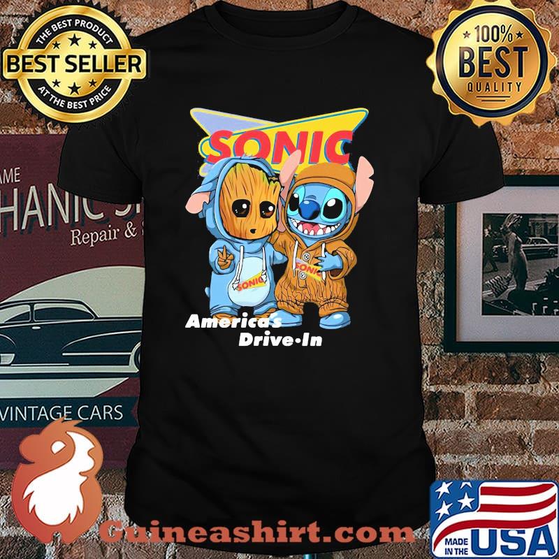 Americas Drive In Sonic Logo Baby Groot And Baby Stitch Shirt