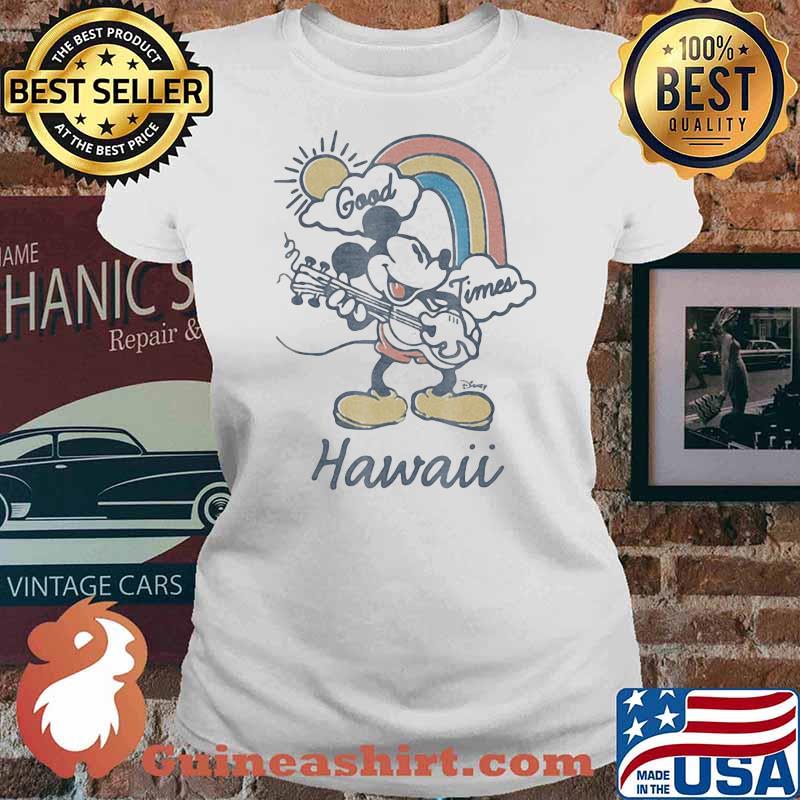 Hawaii Mickey Playing Guitar Rainbow Shirt Ladies tee