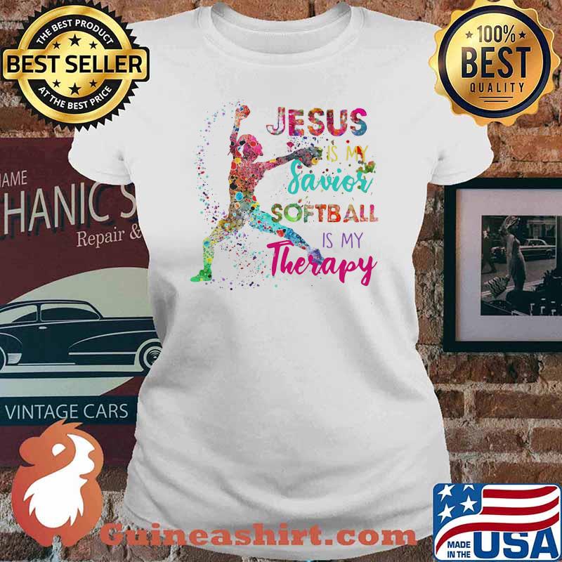 Jesus Is My Savior Softball Is My Therapy Watercolor Shirt Ladies tee