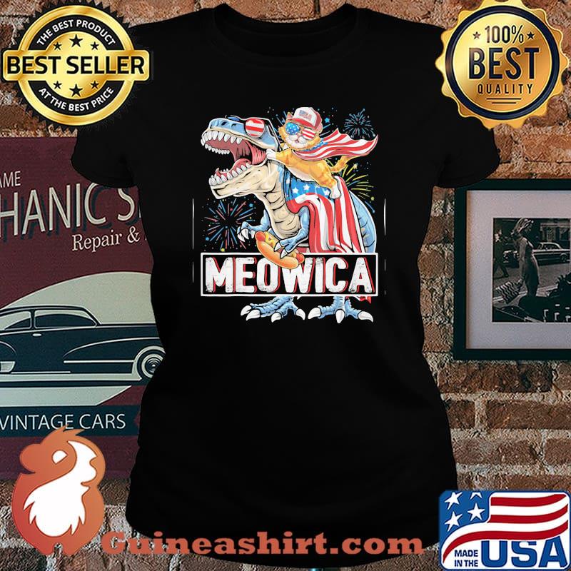Meowica Cat T Rex Dinosaur 4th of July American Flag Shirt Laides tee