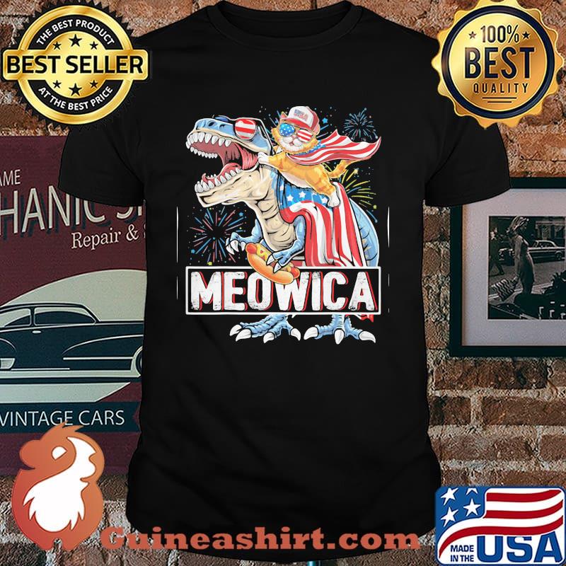 Meowica Cat T Rex Dinosaur 4th of July American Flag Shirt