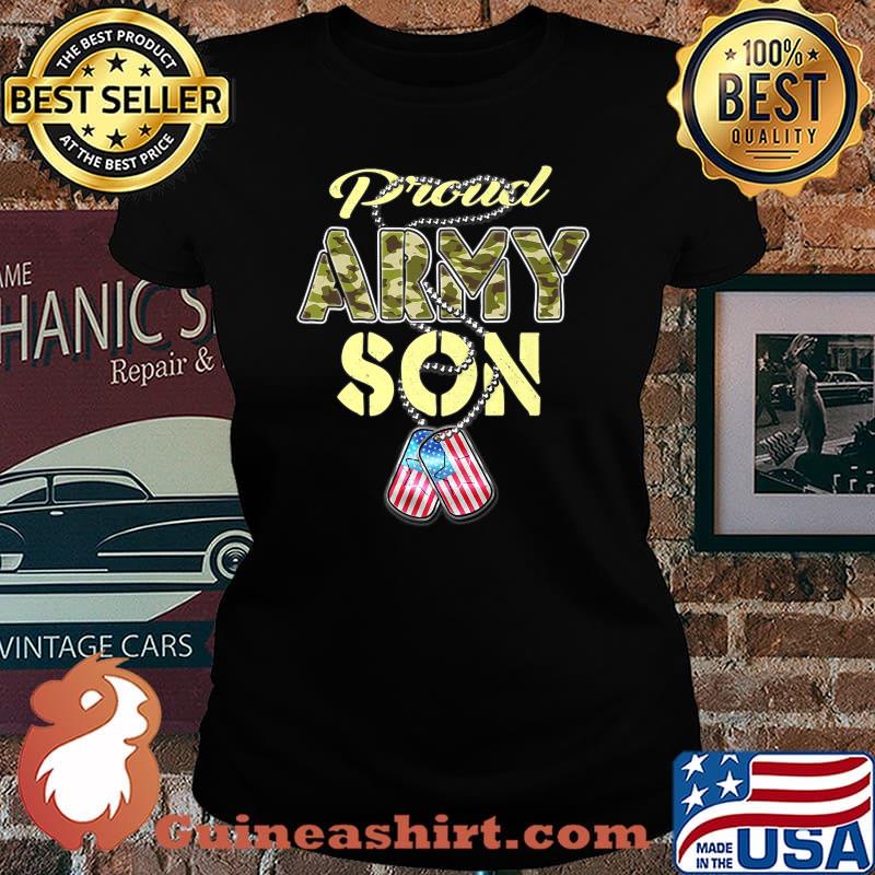 Proud Army Son US Flag Camo Dog Tags Pride Military Shirt Laides tee