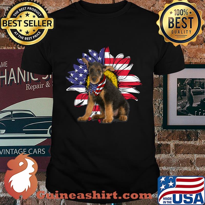 Sunflower American Flag Airedale Terrier Dog Lovers Owners Shirt