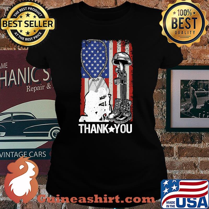 Distressed Memorial Day Thank you American Flag Military Boots Dog Tags T-Shirt Laides tee