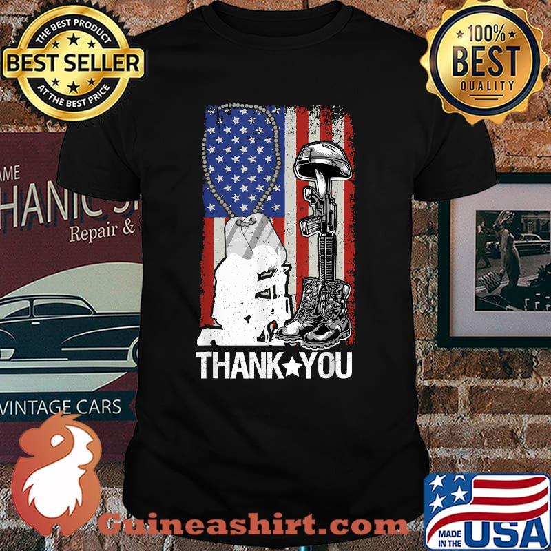 Distressed Memorial Day Thank you American Flag Military Boots Dog Tags T-Shirt
