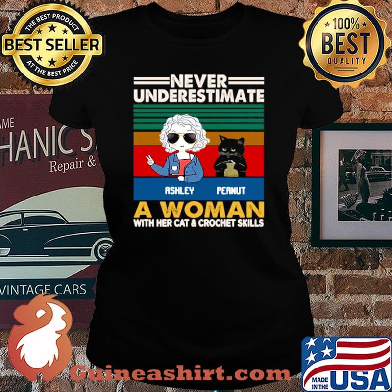 Girl And Black Cat Never Underestimate A Woman With Cats And Crochet Vintage Laides tee