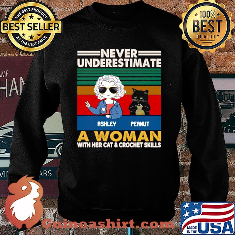 Girl And Black Cat Never Underestimate A Woman With Cats And Crochet Vintage Sweater
