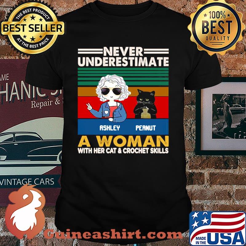 Girl And Black Cat Never Underestimate A Woman With Cats And Crochet Vintage shirt