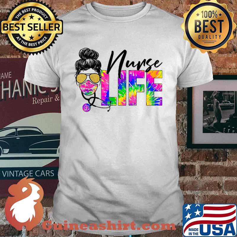 Nurse Life Tie Dye Old Woman Face Glasses Mask Nurse Week Watercolor T-Shirt