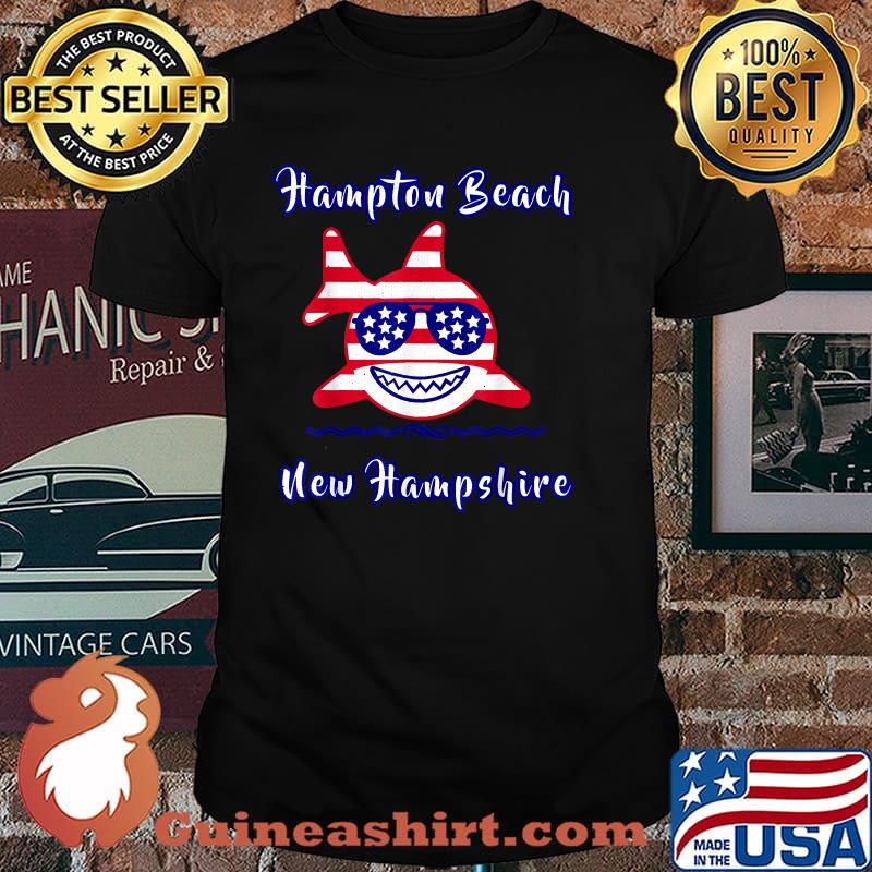 Hampton Beach New Hamp Shire Patriotic USA Flag Whimsy Shark T-Shirt
