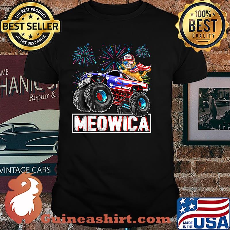 Meowica American Flag Cat Trucker Fireworks 4th of July T-Shirt