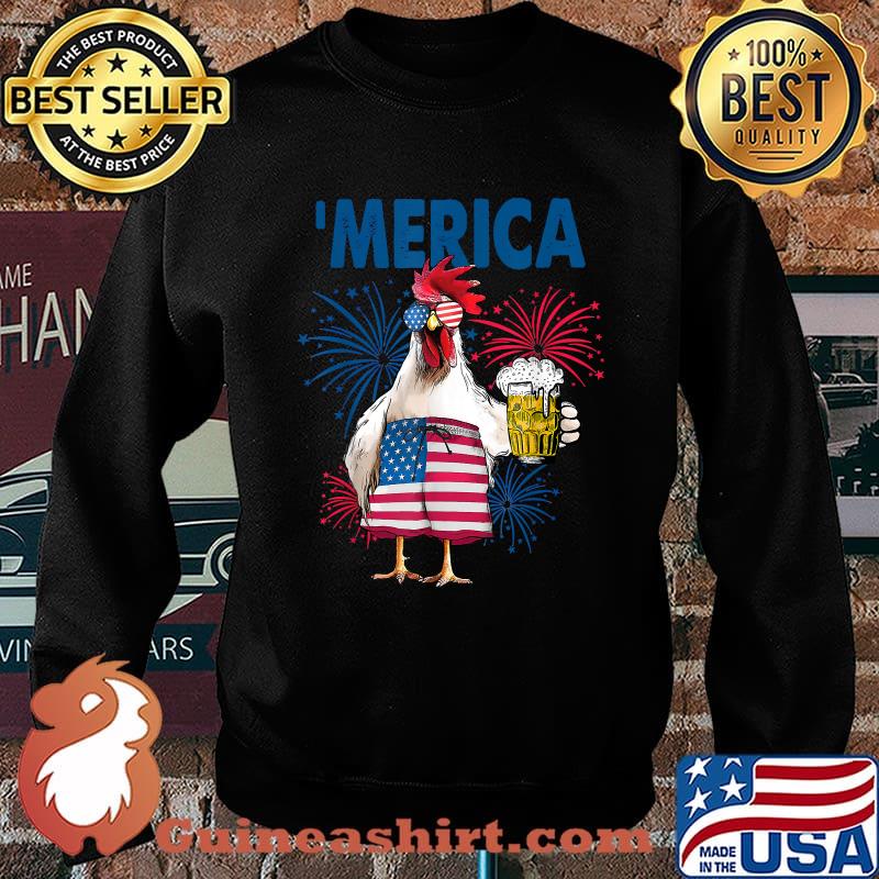 Merica Funny Chicken with beer USA Flag 4th of July T-Shirt Sweater