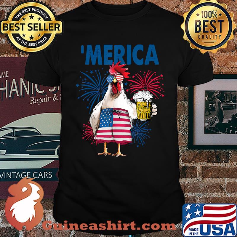 Merica Funny Chicken with beer USA Flag 4th of July T-Shirt