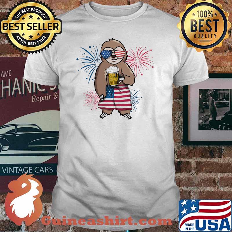 Sloth American Flag Cheer Beer Firework Shirt