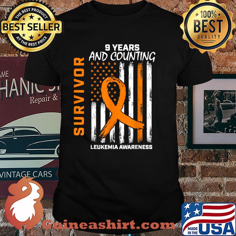 9 Year Leukemia Survivor Gifts Orange Cancer Awareness Flag Shirt