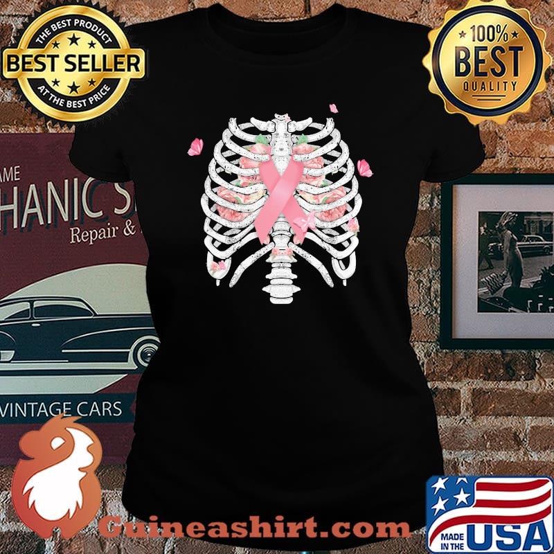 Breast Cancer Bones Awareness Skull flower Shirt Laides tee