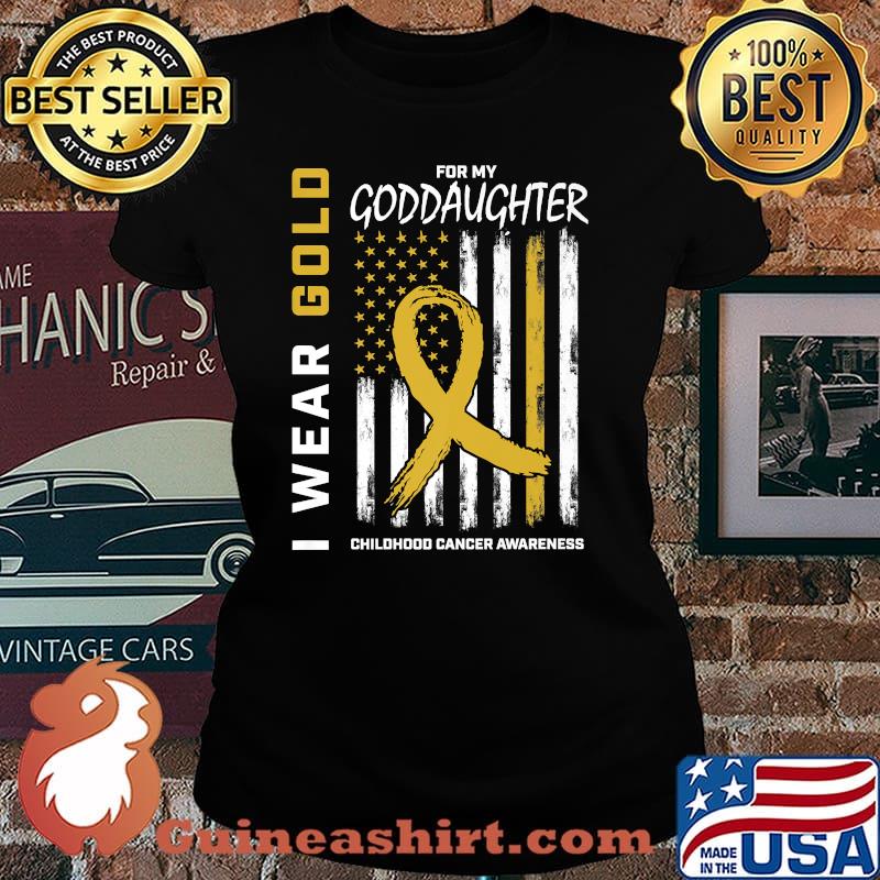 Gold Goddaughter Childhood Cancer Awareness American Flag Premium Shirt Laides tee