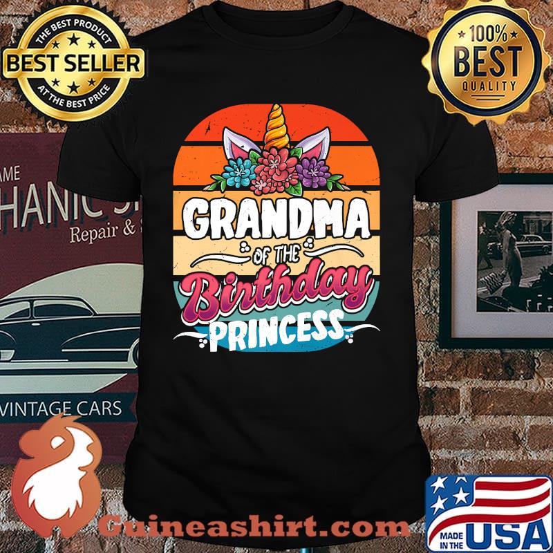 Grandma Of The Birthday Princess Unicorn Flower VIntage T-Shirt