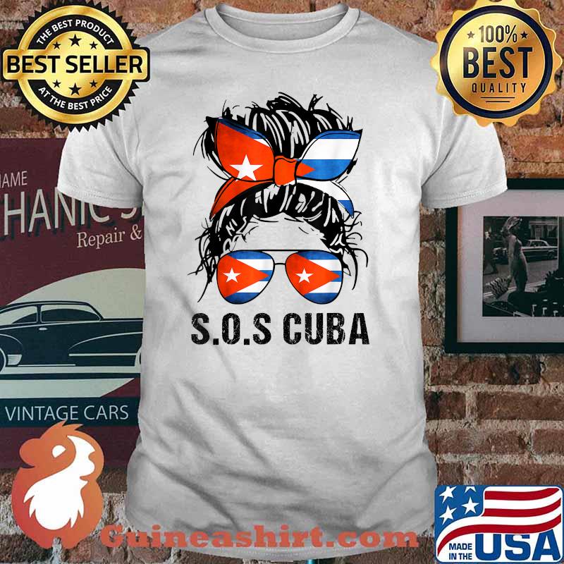 SOS Cuba Messy Hair Woman Bun Flag Free Cuba T-Shirt