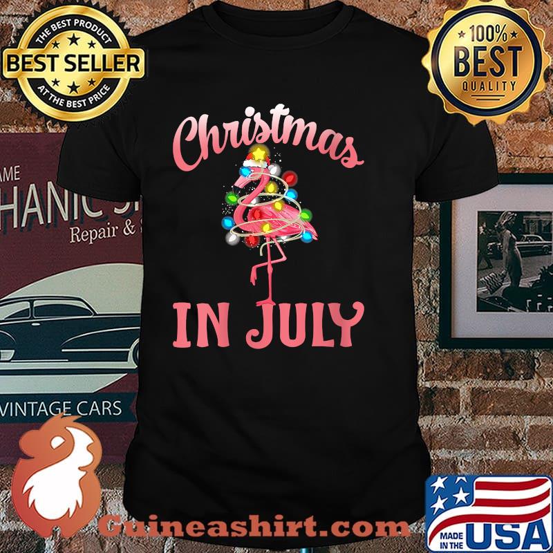 Womens Pink Flamingo in Santa Hat Christmas In July Girl Shirt