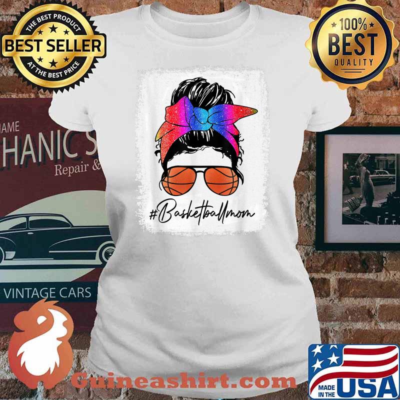 Basketball Mom Rainbow Glitter Messy Bun Basketball T-Shirt Ladies tee