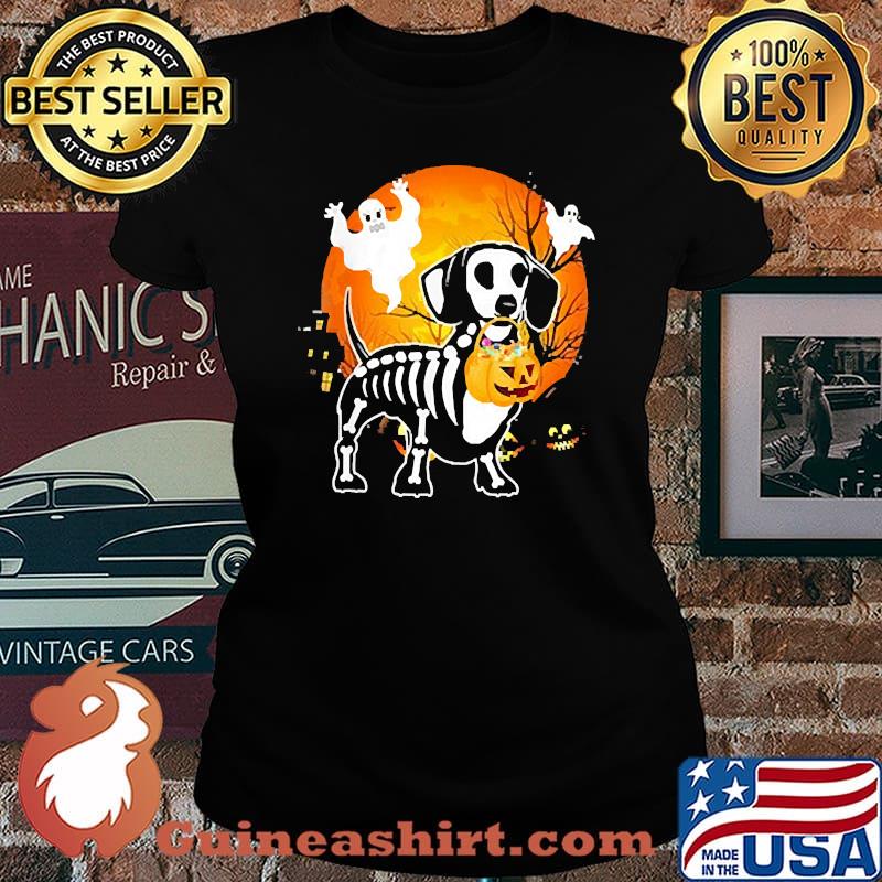 Dachshund Skeleton Halloween Happy Pumpkin Blood Moon Shirt Laides tee