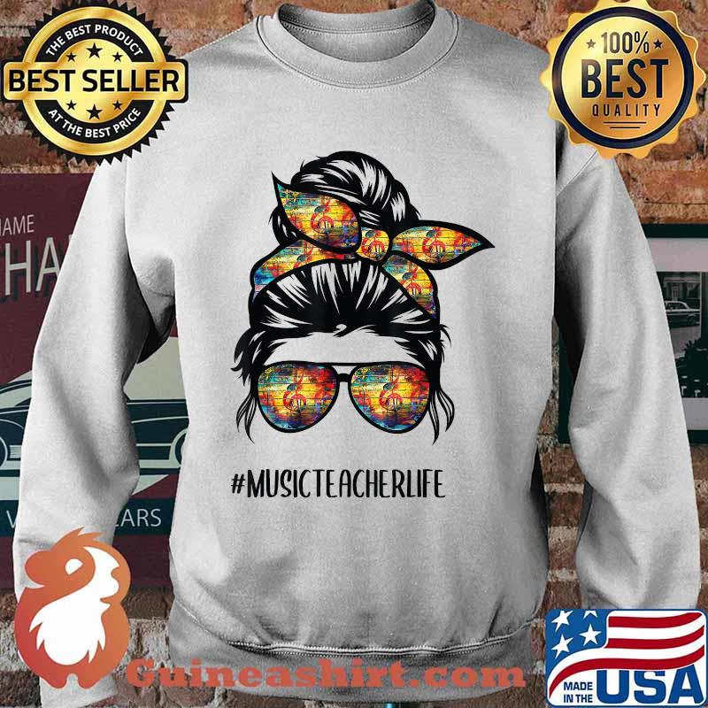 Music Teacher Messy Bun Life Hair Glasses Musical Notes T-Shirt Sweater