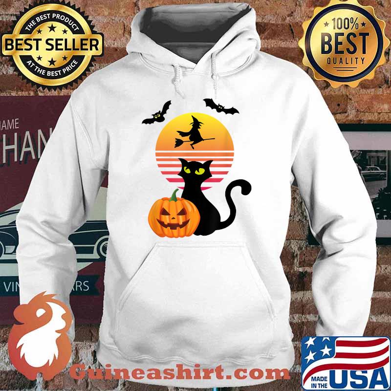 Black Cat, Bat, Witch And Pumpkin At Sunset On Halloween T-Shirt Hoodie
