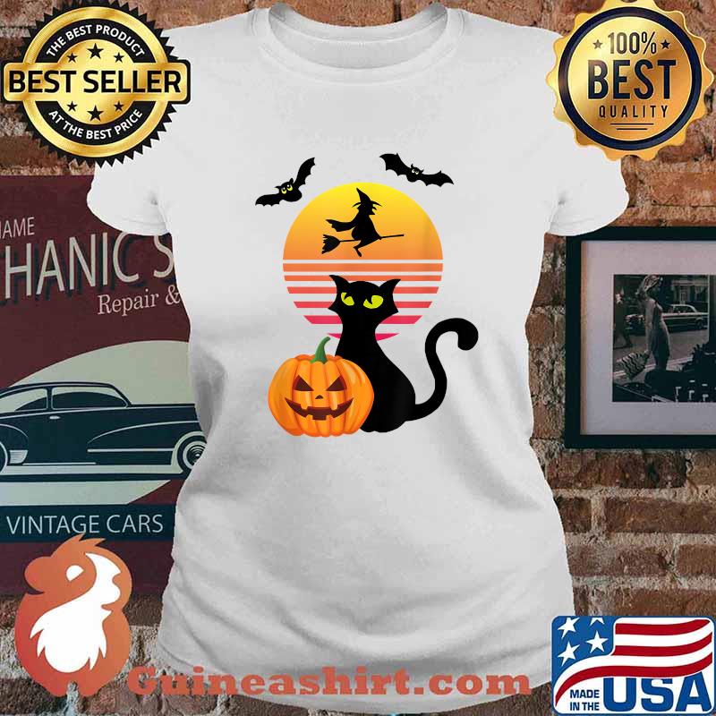 Black Cat, Bat, Witch And Pumpkin At Sunset On Halloween T-Shirt Ladies tee