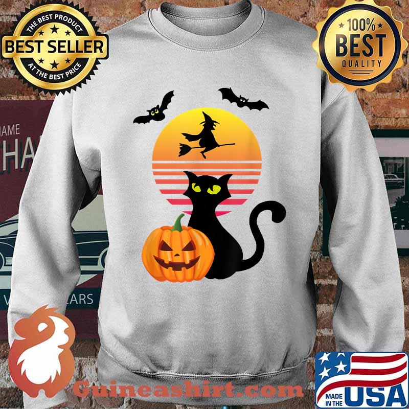 Black Cat, Bat, Witch And Pumpkin At Sunset On Halloween T-Shirt Sweater