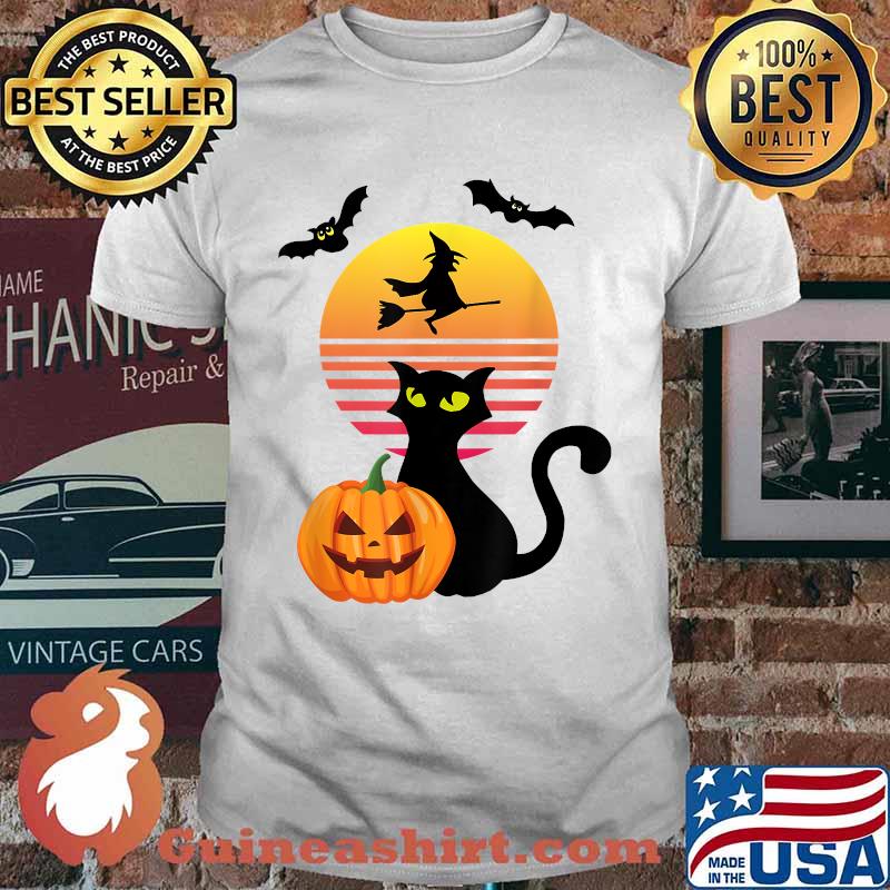 Black Cat, Bat, Witch And Pumpkin At Sunset On Halloween T-Shirt