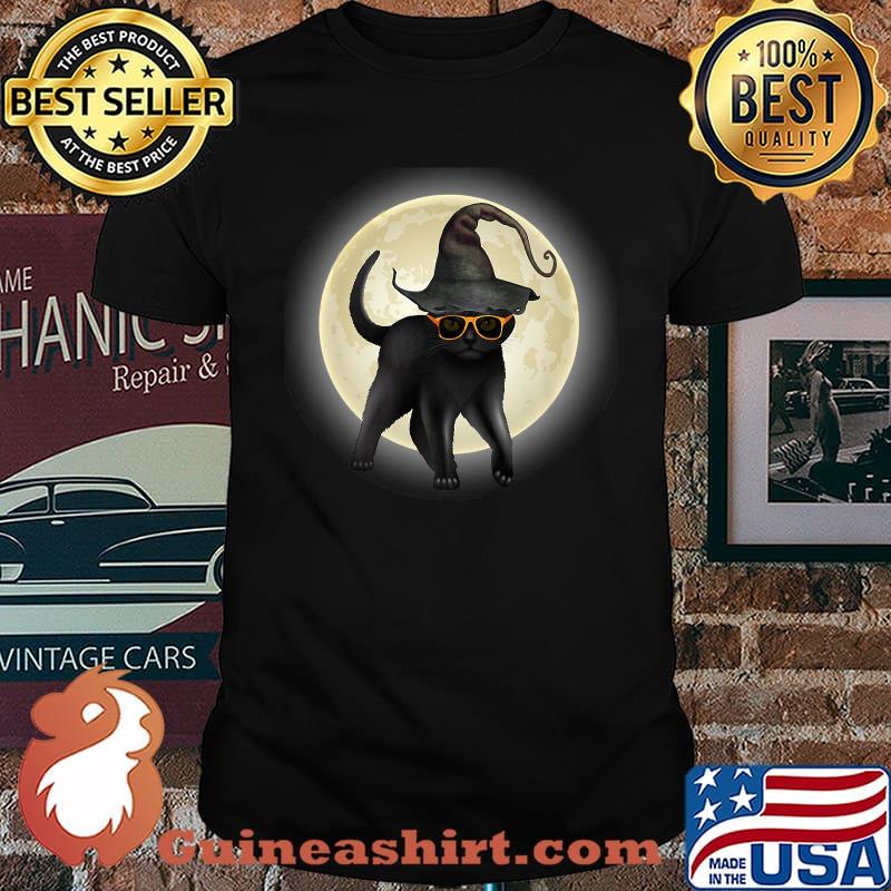 Black Cat Wearing Witch Hat And Pumpkin Glasses Halloween T-Shirt
