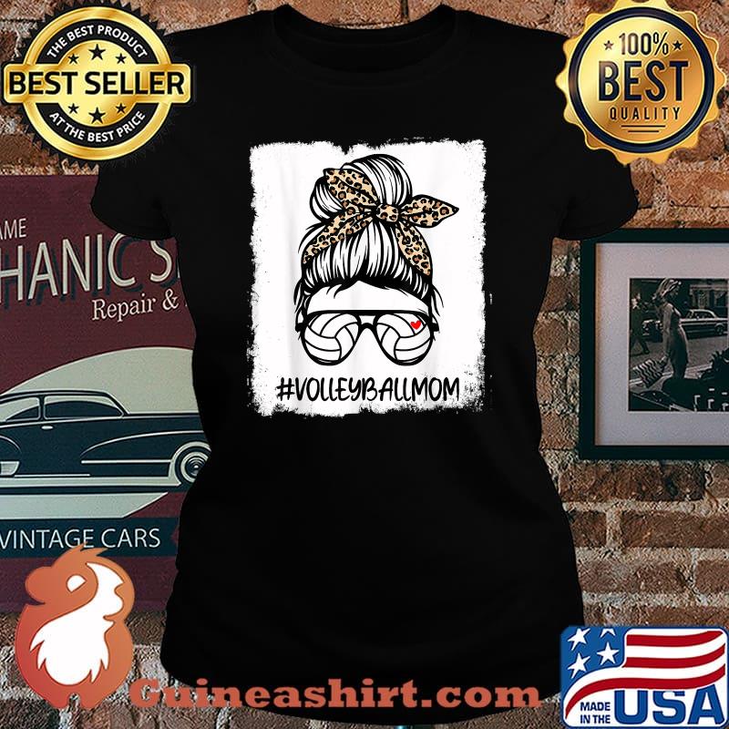 Bleached Volleyball Mom Life Leopard Messy Bun Mom Game Day T-Shirt Laides tee