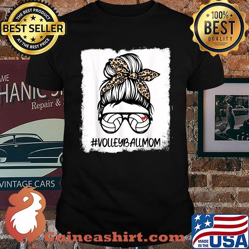Bleached Volleyball Mom Life Leopard Messy Bun Mom Game Day T-Shirt