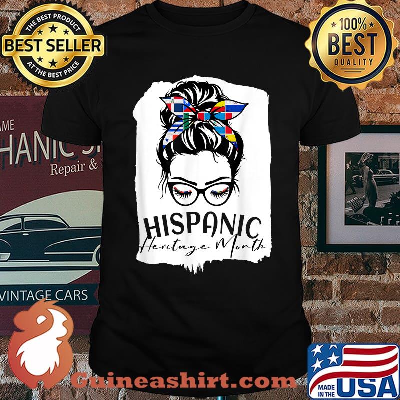 Blue Hispanic Heritage Messy Bun Lashes Latin America Flags T-Shirt