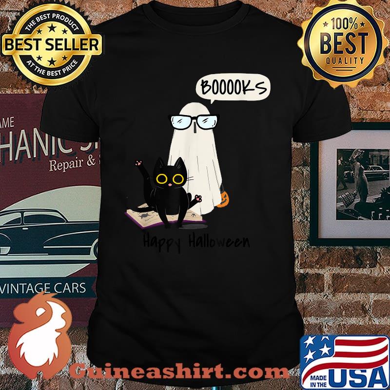 Books Happy Halloween Booooks Ghost and Black Cat T-Shirt