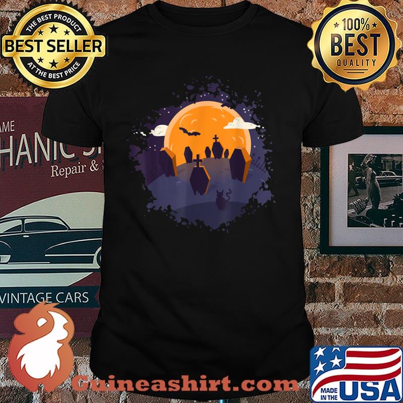 Cementery graveyard with tombstone and bats for Halloween shirt