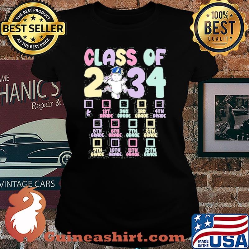 Class Of 2034 Grow With Me Checklist Graduation Unicorn Shirt Laides tee