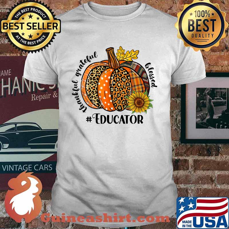 Fall Thankful Grateful Blessed Educator Leopard Pumpkin Thanksgiving T-Shirt