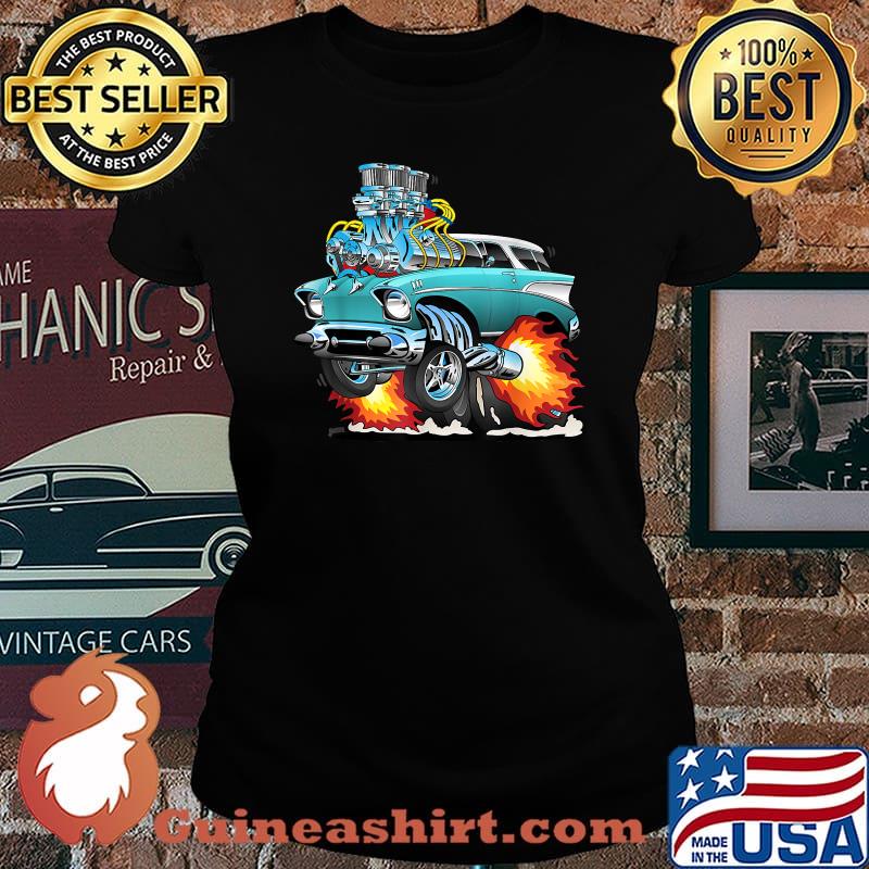 Fifties Style Muscle Car Hot Rod Station Wagon Cartoon T-Shirt Laides tee