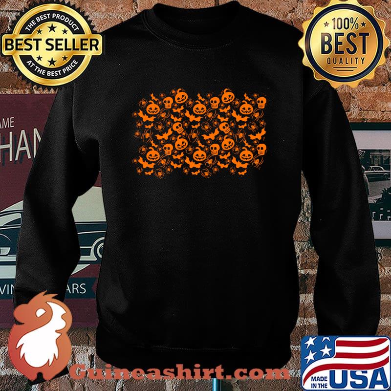 Halloween Pumpkin Orange Pattern Bats Spooky Scary Skeleton T-Shirt Sweater