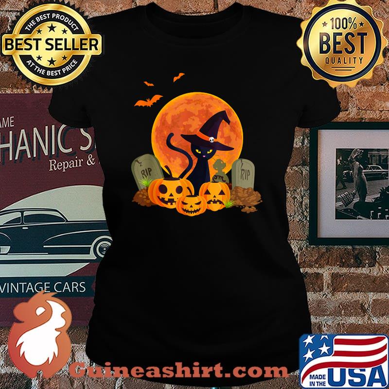 Halloween Witch Cat Mom Pumpkin Graveyard Spooky Blood Moon T-Shirt Laides tee