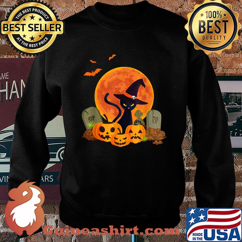 Halloween Witch Cat Mom Pumpkin Graveyard Spooky Blood Moon T-Shirt Sweater