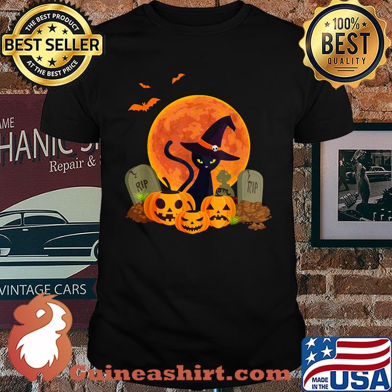 Halloween Witch Cat Mom Pumpkin Graveyard Spooky Blood Moon T-Shirt